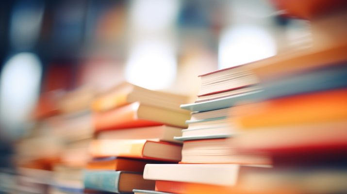 Stack of books in soft focus, library setting.