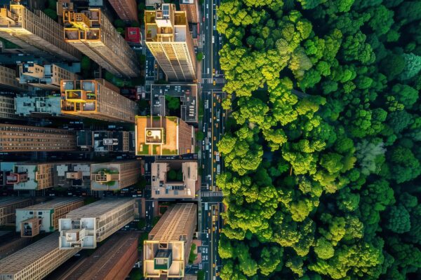 An aerial photo looking straight down showing two city blocks, one with large buildings and the other with a lush forest.