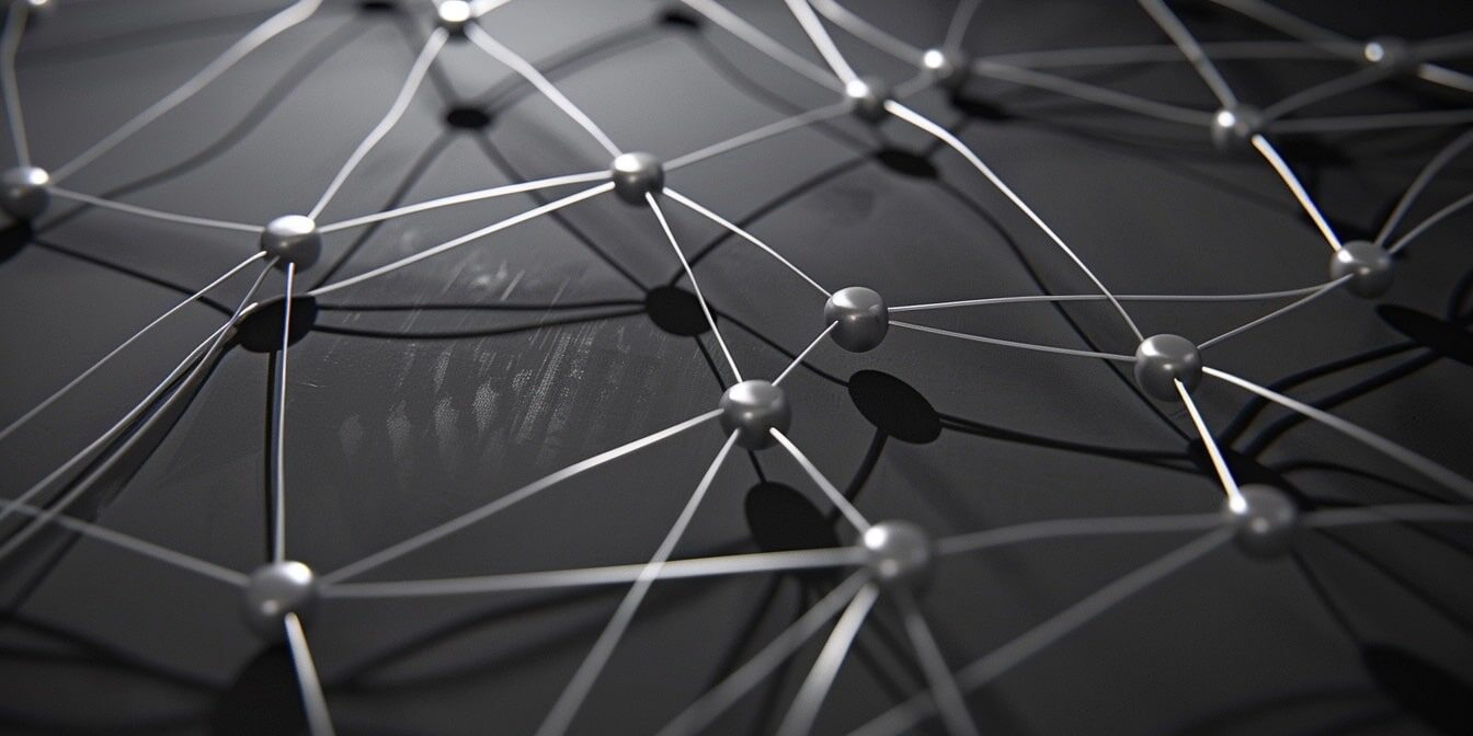 A minimalist geometric representation of interconnectedness, featuring a network of nodes and lines on a reflective black surface, creating a visual metaphor for connectivity and complexity.