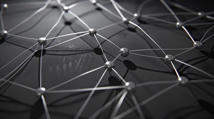 A minimalist geometric representation of interconnectedness, featuring a network of nodes and lines on a reflective black surface, creating a visual metaphor for connectivity and complexity.